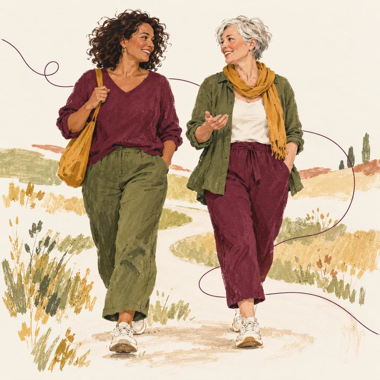 Illustratie van twee vrouwen die samen een ontspannen wandeling maken.